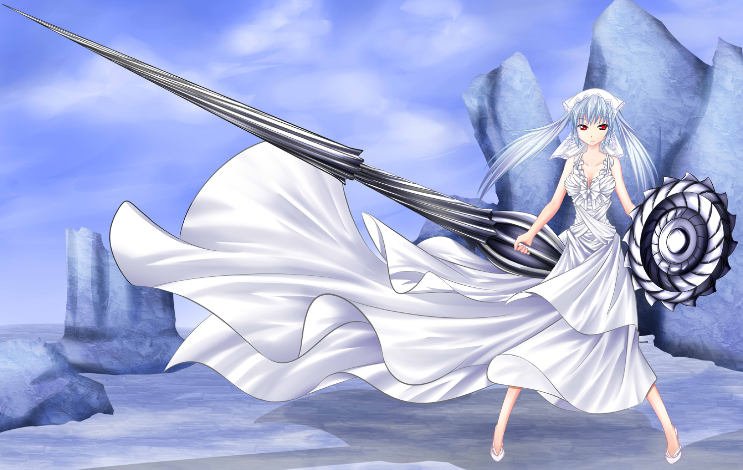inu3li, alicia melchiott, senjou no valkyria (series), senjou no valkyria 1, silver hair, 00s, dress, long hair, polearm, red eyes, shield, spear, twintails, weapon