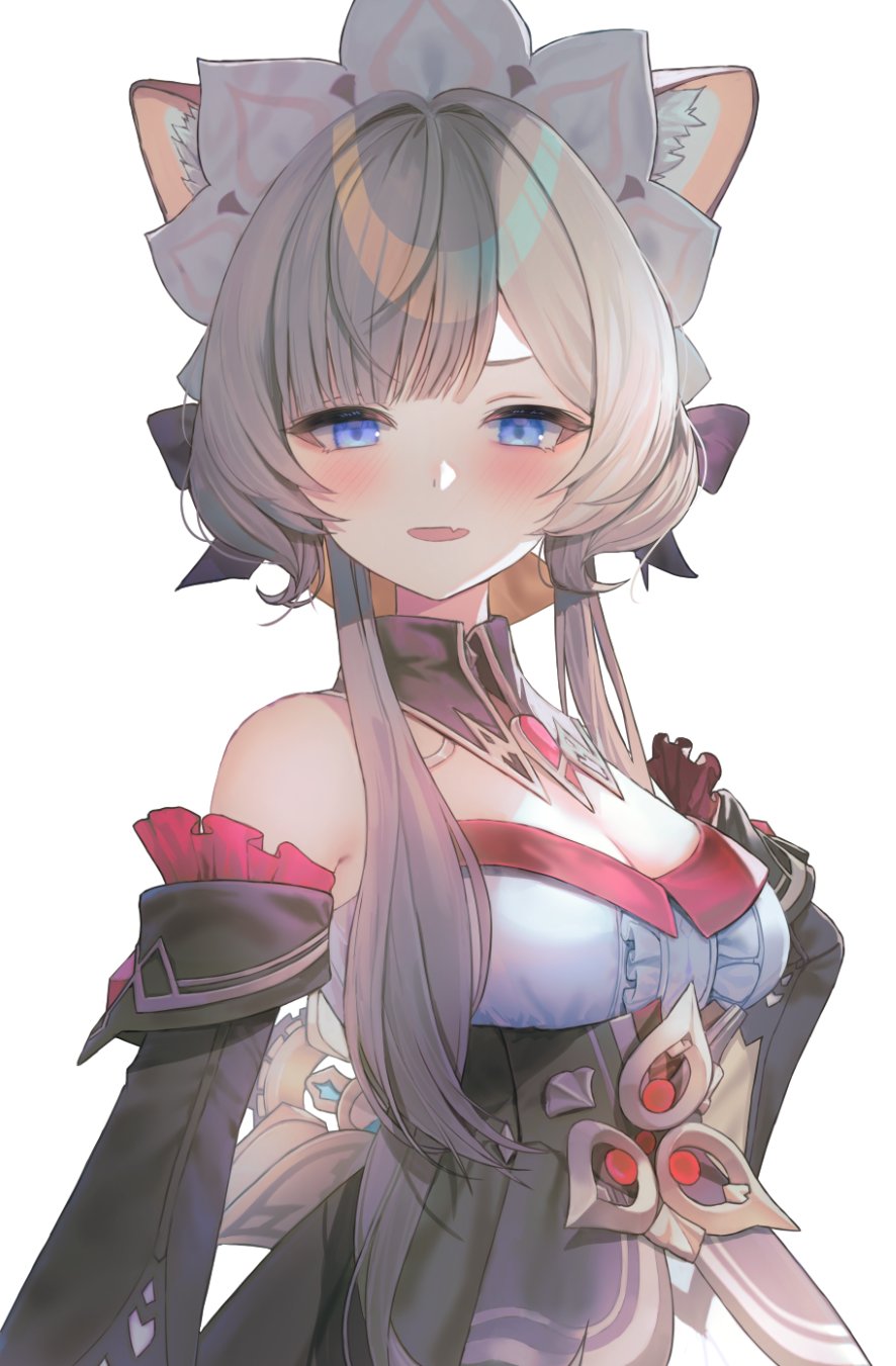 aengdohwa, sandrone (genshin impact), genshin impact, commentary request, highres, animal ears, bare shoulders, black dress, blue eyes, blush, breasts, brown hair, cat ears, cleavage, detached sleeves, dress, fake animal ears, fang, looking at viewer, maid headdress, medium breasts, open mouth, smile, solo, solo focus