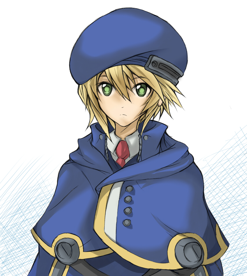 kanten328, kanten (kanten328), noel vermillion, arc system works, blazblue, 1girl, beret, blonde hair, blue hat, cloak, female focus, green eyes, hat, necktie, red necktie, short hair, solo