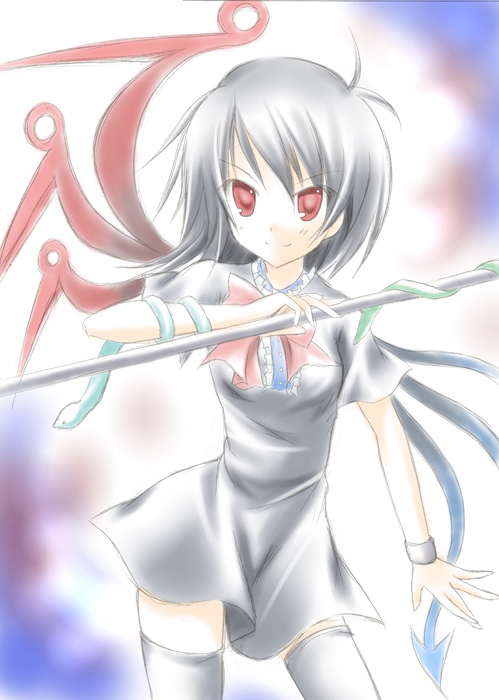 takise, houjuu nue, touhou, 1girl, black hair, black thighhighs, female focus, polearm, red eyes, short hair, snake, solo, standing, thighhighs, weapon, wings, zettai ryouiki
