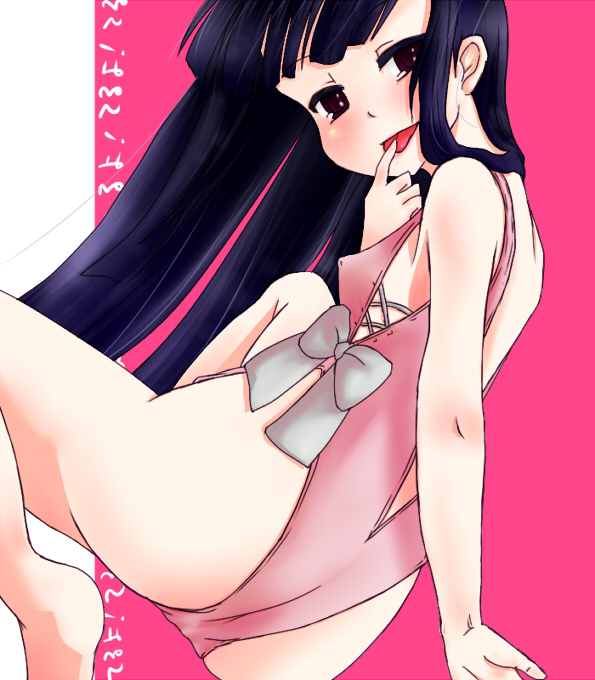 asaca-yamashimo, houraisan kaguya, touhou, bad id, bad pixiv id, 1girl, ass, barefoot, black hair, blush, bow, female focus, from behind, looking back, naughty face, open mouth, smile, solo, swimsuit, tongue