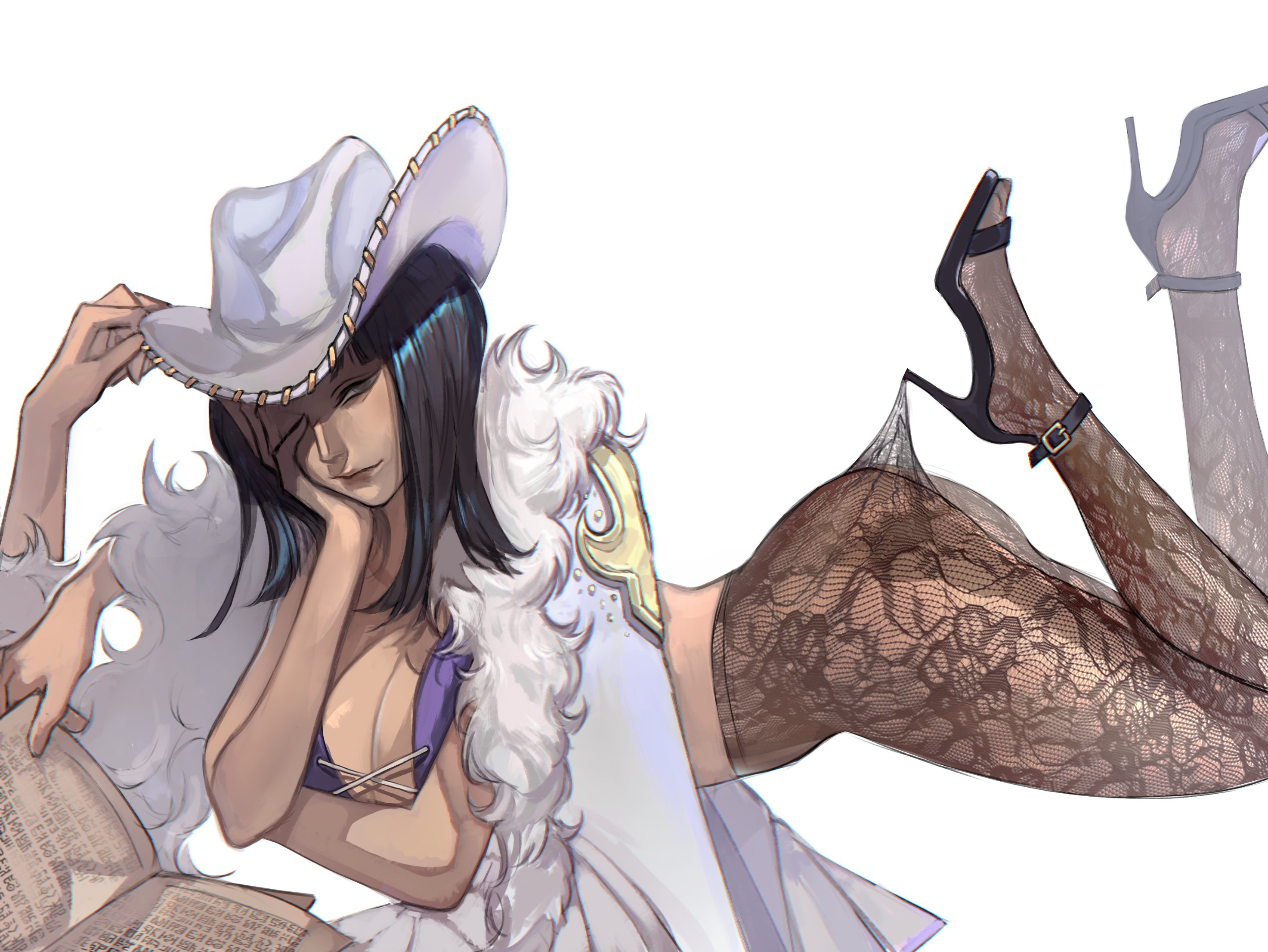 darkteimart, nico robin, one piece, commentary, english commentary, highres, 1girl, black hair, black shoes, book, breasts, cleavage, closed mouth, coat, coat on shoulders, cowboy shot, extra arms, fur-trimmed coat, fur trim, hat, head rest, high-waist pantyhose, high heels, hooked on heel, lace, lace pantyhose, lace pantyhose hooked on heel (meme), looking at viewer, lying, medium hair, meme, on stomach, pantyhose, shoes, simple background, solo, white background, white hat