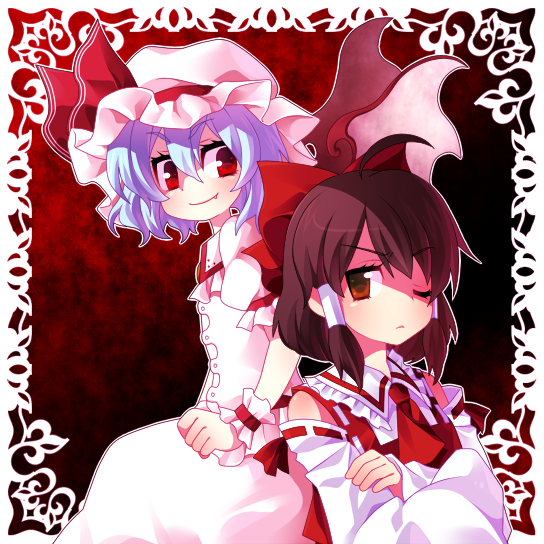 kiri futoshi, hakurei reimu, remilia scarlet, touhou, bad id, bad pixiv id, 2girls, bat wings, bow, brown hair, crossed arms, detached sleeves, female focus, hat, japanese clothes, miko, multiple girls, red eyes, short hair, wings, wink