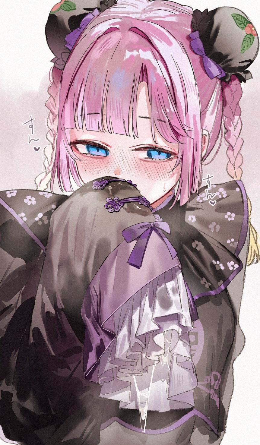 orihi chihiro, anyoji hime, link! like! love live!, love live!, commentary request, highres, 1girl, black dress, blonde hair, blue eyes, blush, bow, braid, bun cover, chinese clothes, cum, cum on clothes, cum string, dress, empty eyes, floral print, frilled sleeves, frills, gradient hair, hair bow, hair intakes, hasu no sora pop up shop china collection, multicolored hair, pink hair, purple bow, sleeves past fingers, sleeves past wrists, smelling, smelling clothes, solo, sweat, twin braids