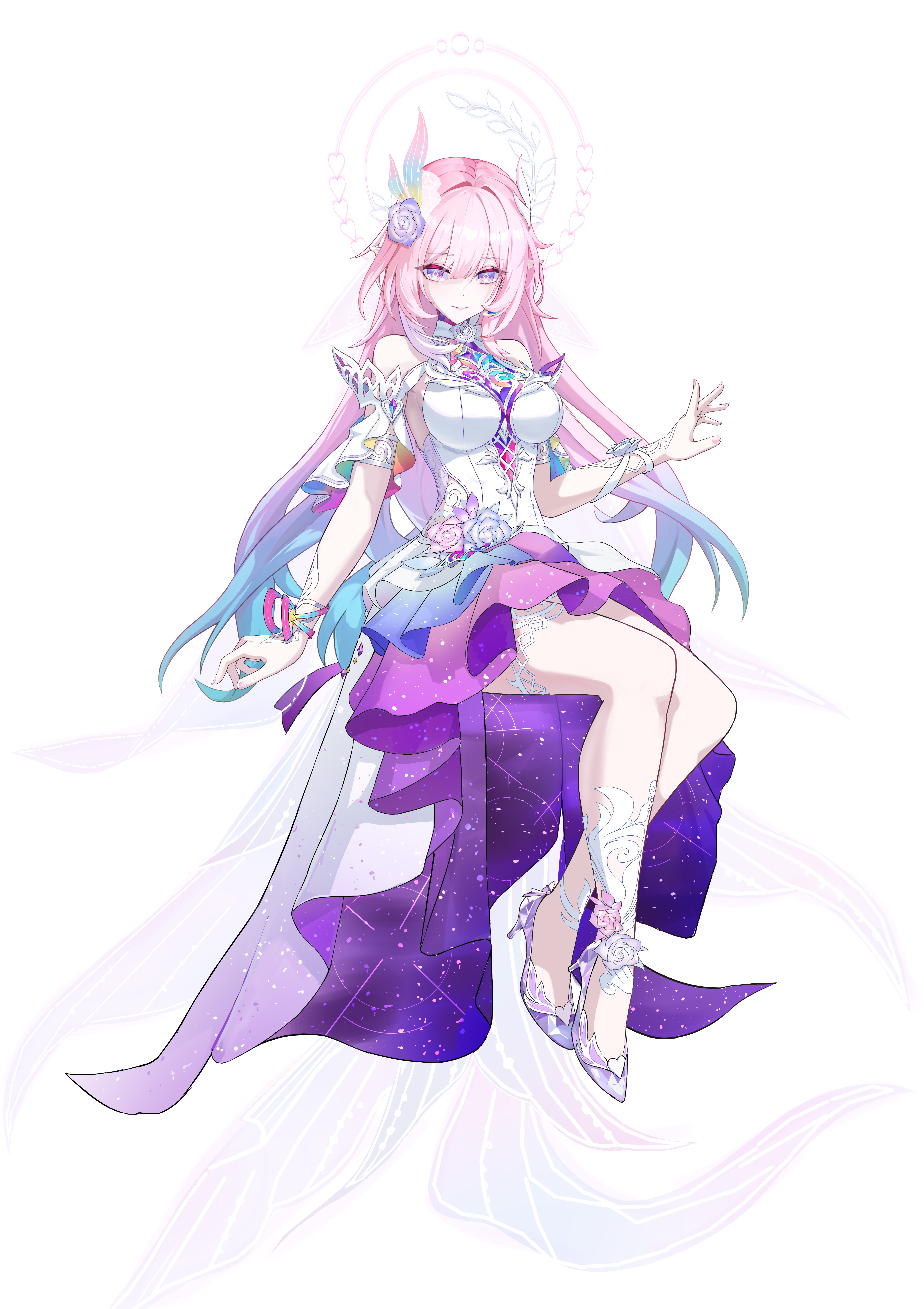 kabuto tong, cyrene (honkai: star rail), honkai: star rail, honkai (series), absurdres, commentary request, highres, 1girl, bare legs, cyrene (demiurge) (honkai: star rail), dress, hair ornament, high heels, invisible chair, long hair, looking at viewer, pink hair, purple eyes, short sleeves, simple background, sitting, smile, solo, very long hair, white background, white dress