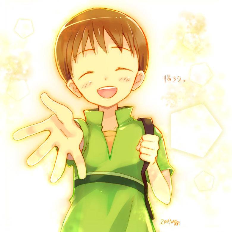 takeda mika, onozawa yuuki, tokyo magnitude 8.0, 00s, 1boy, :d, backpack, bag, bob cut, brown hair, child, closed eyes, happy, male focus, open mouth, randoseru, short hair, smile, solo