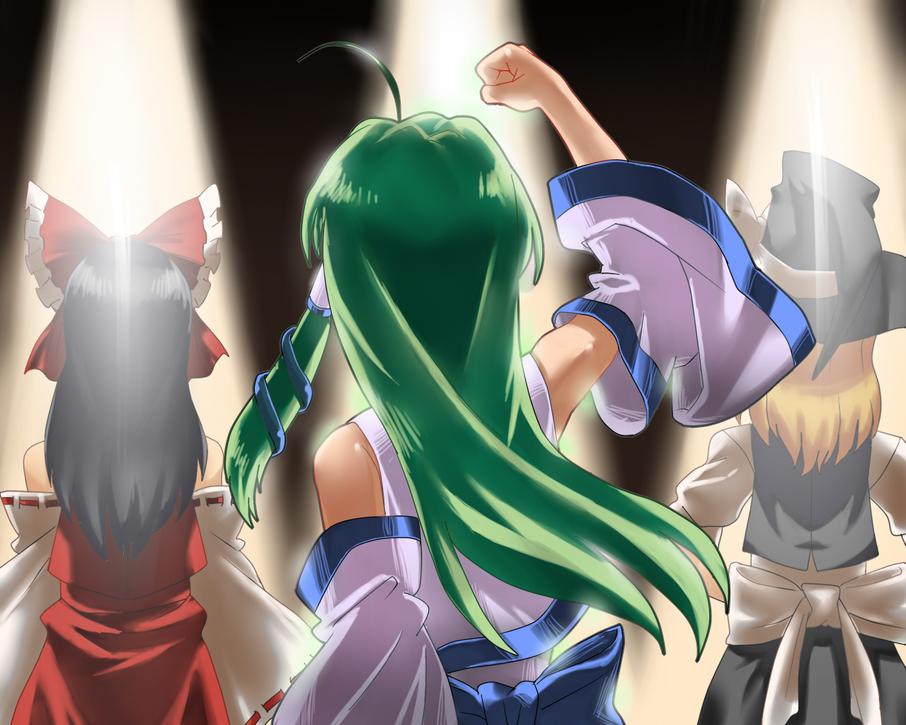 akimegu m, gohitsuki, hakurei reimu, kirisame marisa, kochiya sanae, touhou, 3girls, blonde hair, brown hair, clenched hand, detached sleeves, female focus, from behind, green hair, hat, japanese clothes, long hair, miko, multiple girls, raised fist, ribbon, standing, witch, witch hat