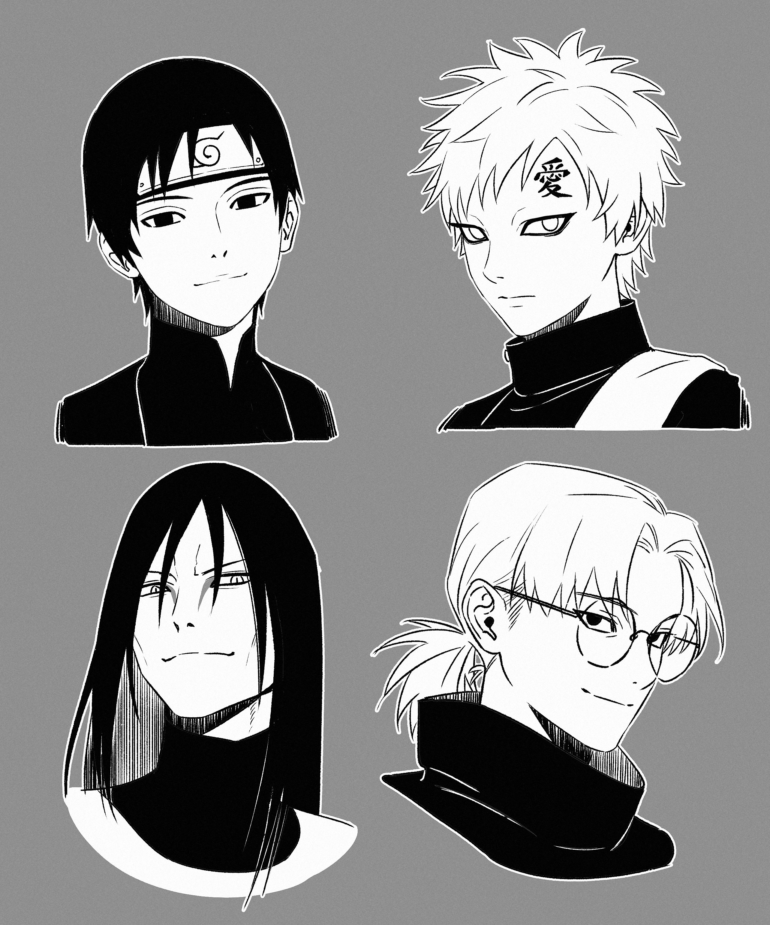 gaara (naruto), orochimaru (naruto), sai (naruto), yakushi kabuto, naruto (series), naruto shippuuden, absurdres, commentary request, highres, korean commentary, 4boys, closed mouth, forehead protector, glasses, grey background, greyscale, konohagakure symbol, long hair, looking at viewer, m0 mo momo, male focus, monochrome, multiple boys, ponytail, round eyewear, short hair, short ponytail, smile, tattoo, upper body