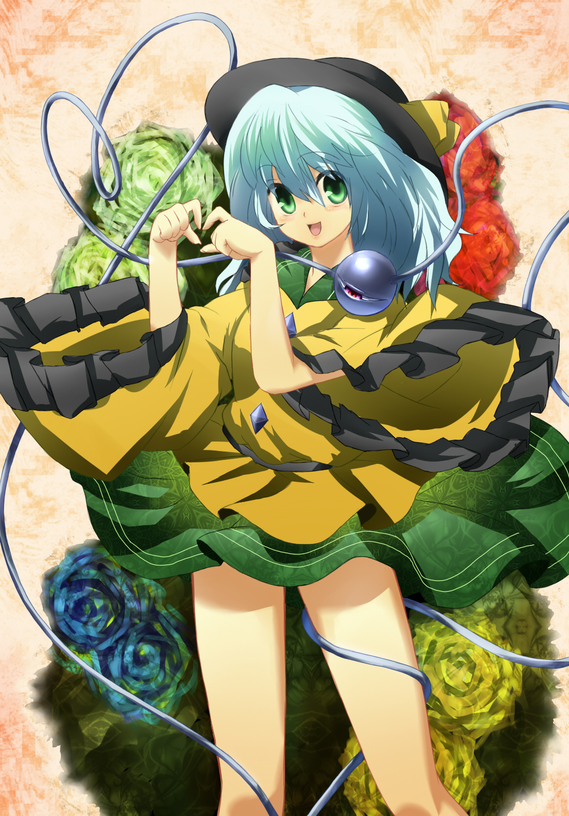 akimegu m, gohitsuki, komeiji koishi, touhou, highres, 1girl, bare legs, female focus, flower, four-finger heart hands, green eyes, hat, heart, heart hands, short hair, smile, solo, white hair