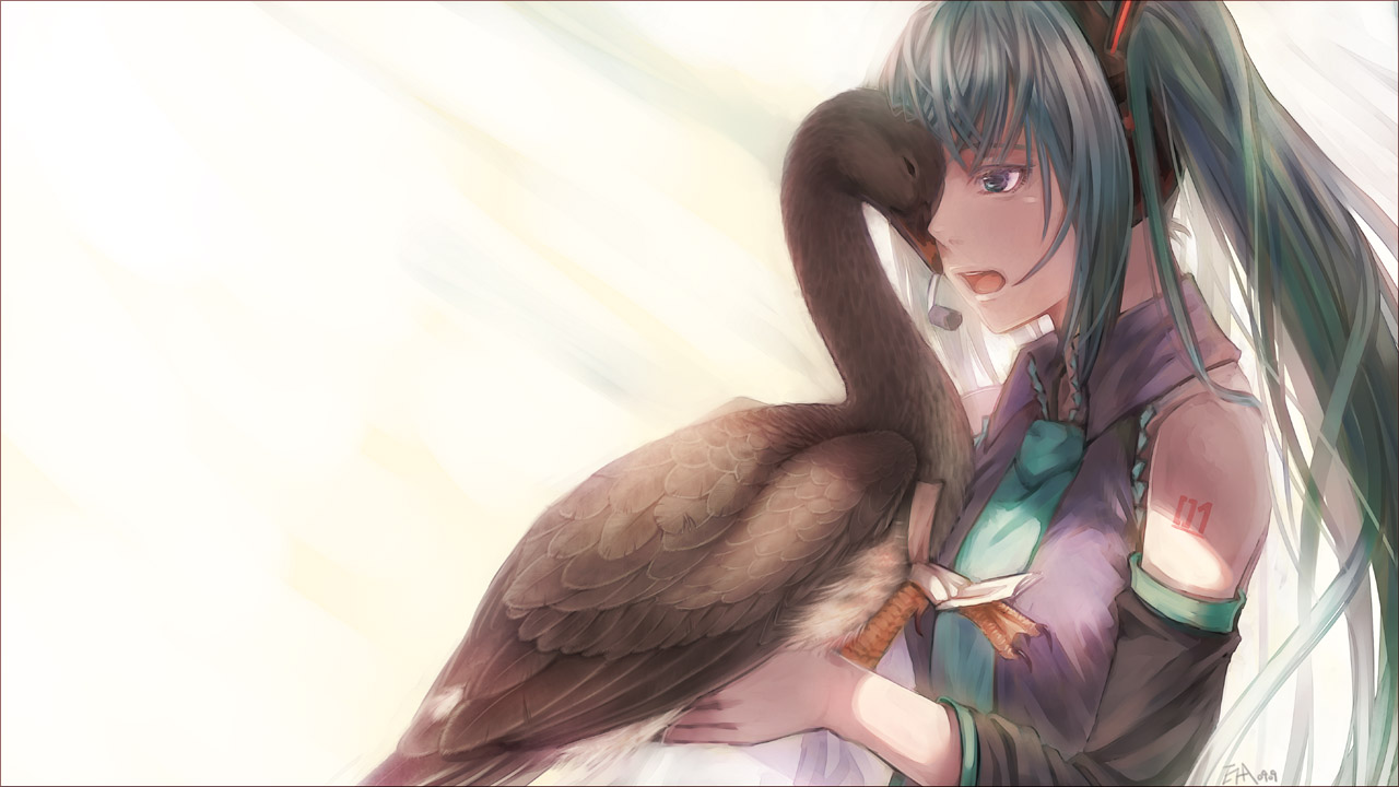 era (traveling bird), fishball, hatsune miku, vocaloid, bad id, bad pixiv id, 1girl, aqua hair, bare shoulders, bird, bird on hand, duck, goose, necktie