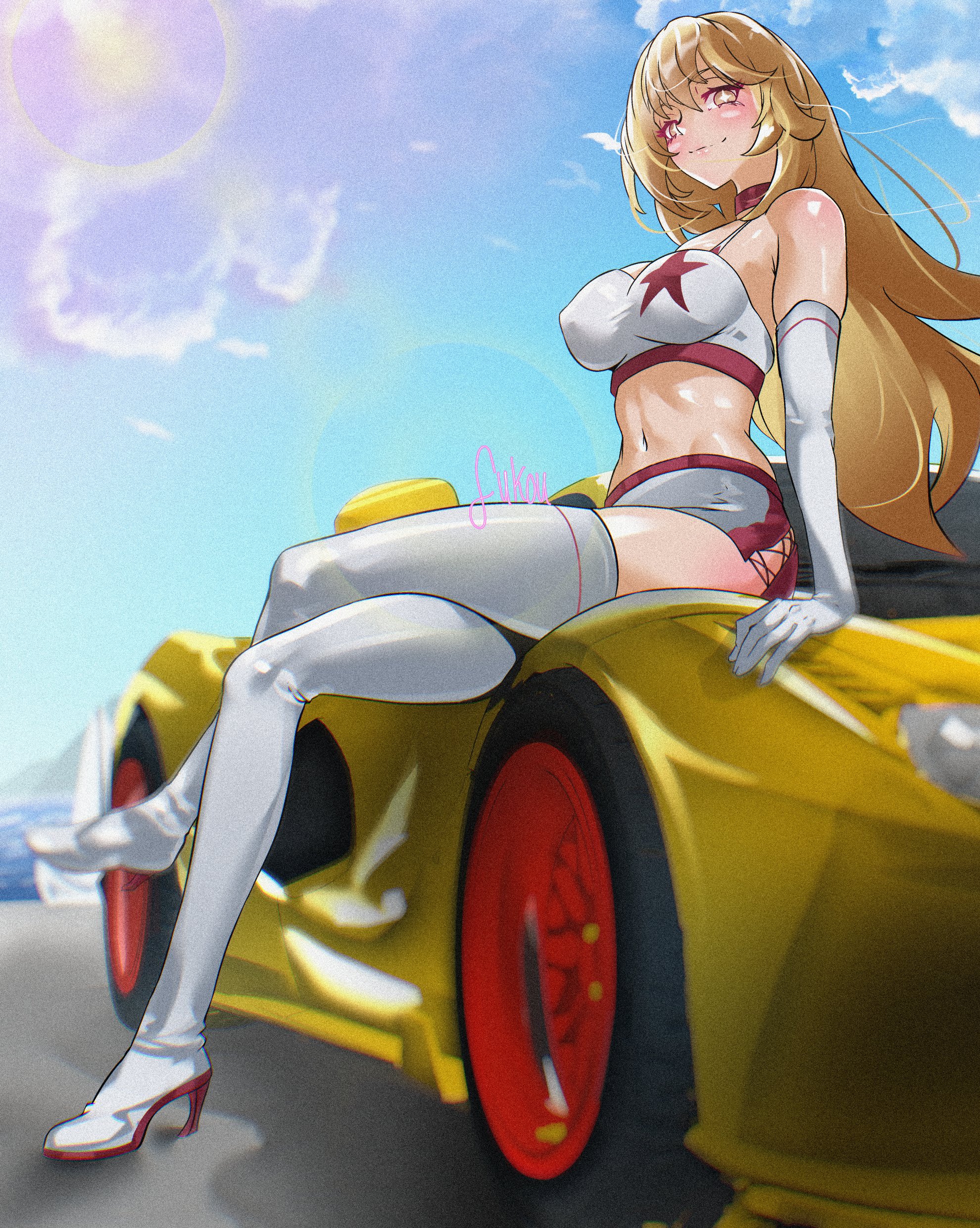 fukou, shokuhou misaki, toaru kagaku no mental out, toaru kagaku no railgun, toaru majutsu no index, absurdres, commentary, highres, 1girl, alternate costume, blonde hair, boots, breasts, car, closed mouth, crossed legs, elbow gloves, gloves, high heel boots, high heels, large breasts, long hair, looking at viewer, motor vehicle, navel, on car, outdoors, pencil skirt, race queen, signature, sitting, skirt, smile, solo, sparkling eyes, sports car, star (symbol), star print, sun, thigh boots, very long hair, white boots, white gloves, white skirt, yellow car, yellow eyes