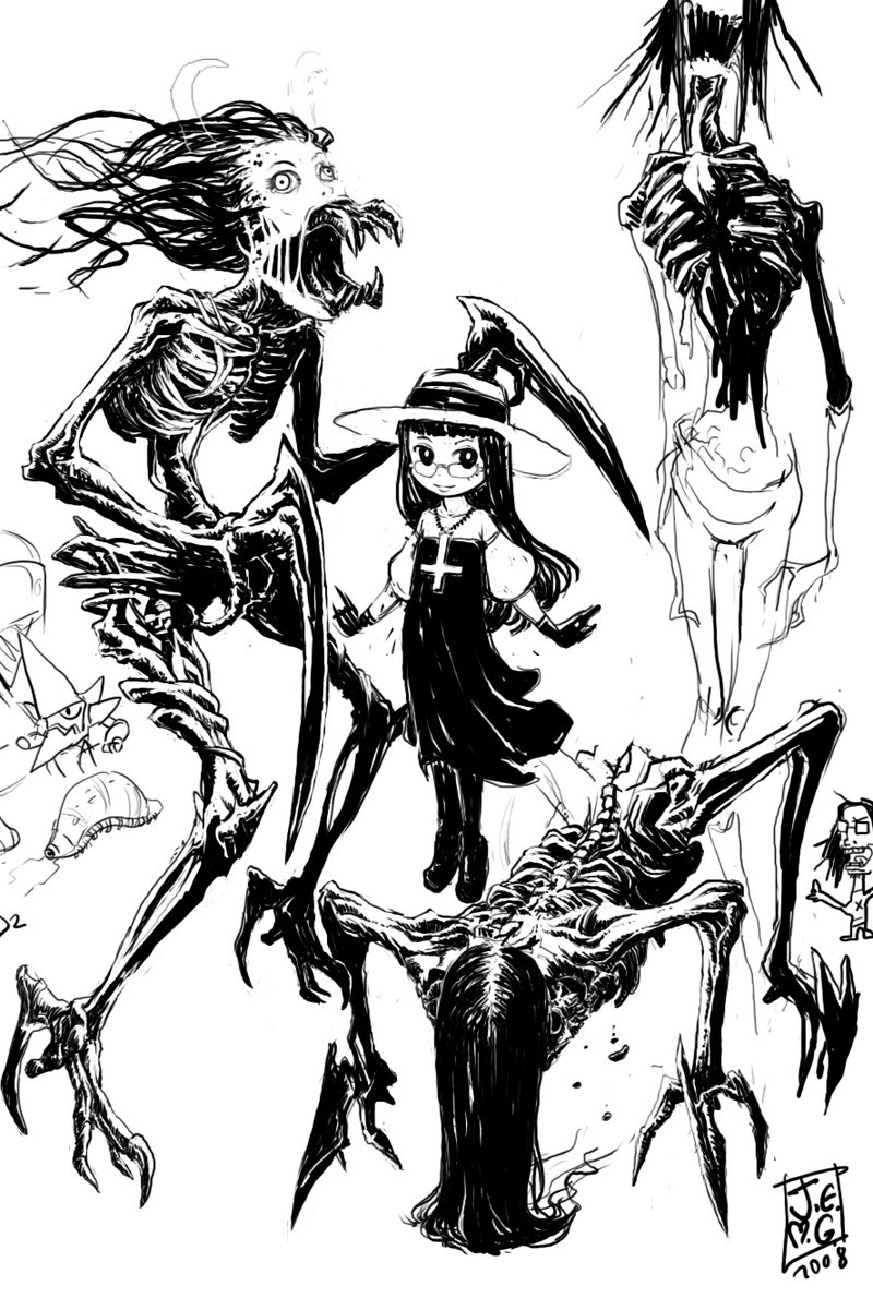 j-e-m-g, highres, cross, dress, glasses, gloves, hat, long hair, monochrome, monster, smile