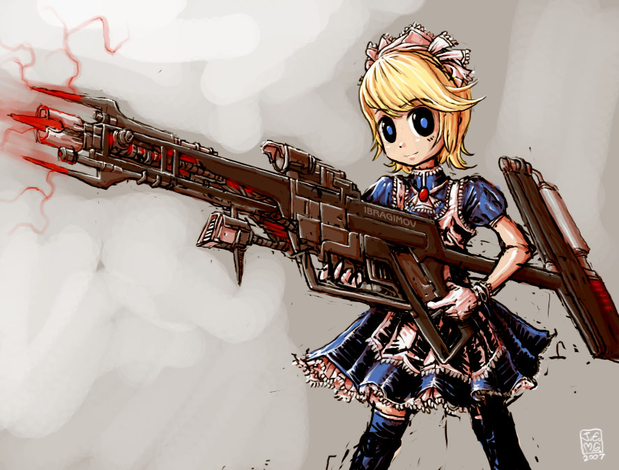 j-e-m-g, blonde hair, dress, gloves, gun, hairband, hear, smile, weapon