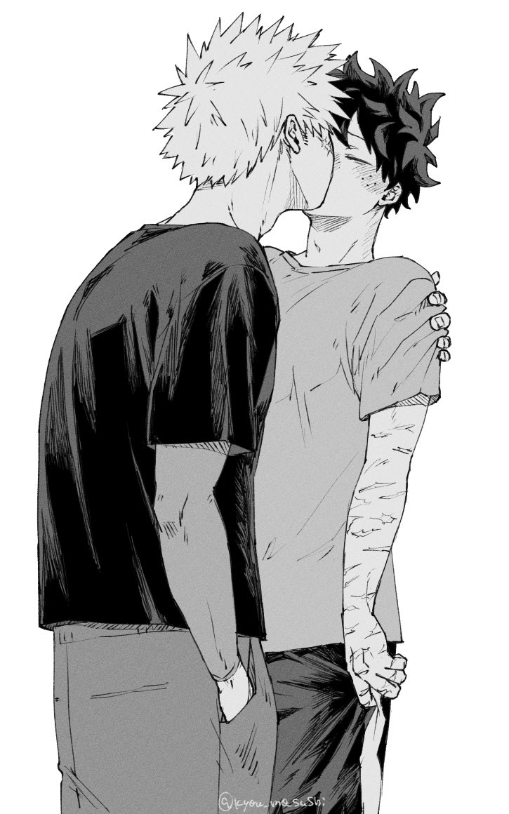 kyou mo sushi, bakugou katsuki, midoriya izuku, boku no hero academia, commentary request, 2boys, arm around shoulder, closed eyes, crew neck, facial scar, freckles, greyscale, hand in pocket, kiss, male focus, monochrome, multiple boys, multiple scars, pants, parted bangs, scar, scar on arm, scar on cheek, scar on face, shirt, short hair, short sleeves, simple background, spiked hair, t-shirt, white background, yaoi