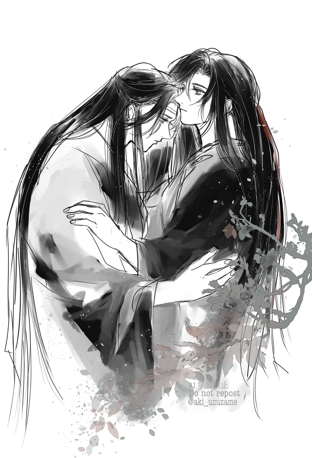 lan wangji, wei wuxian, wei wuxian (yiling laozu), modao zushi, commentary request, highres, 2boys, aki uzuzame, bishounen, black hair, black hanfu, branch, chinese clothes, closed mouth, couple, eye contact, falling petals, from side, greyscale, hair down, hair ribbon, half updo, hanfu, headband, hug, long hair, long sleeves, looking at another, male focus, monochrome, multiple boys, official alternate hairstyle, petals, ponytail, profile, red ribbon, ribbon, robe, sidelocks, simple background, spot color, twitter username, upper body, very long hair, watermark, white background, white hanfu, wide sleeves, yaoi