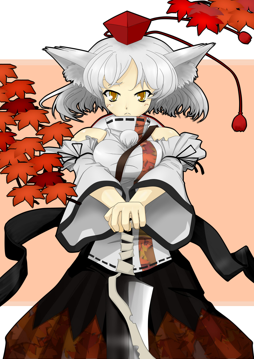 yomasa, inubashiri momiji, touhou, silver hair, highres, 1girl, animal ears, detached sleeves, female focus, hat, plant, shield, short hair, solo, standing, sword, tokin hat, weapon, wolf ears, yellow eyes