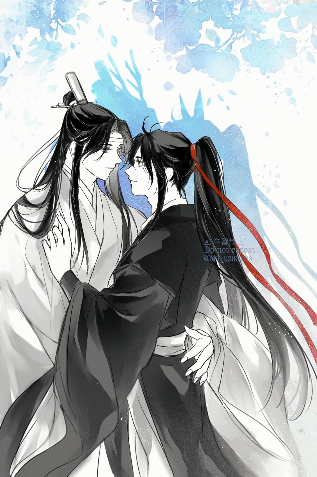 lan wangji, wei wuxian, modao zushi, commentary, highres, symbol-only commentary, 2boys, ahoge, aki uzuzame, bishounen, black hair, black hanfu, blue flower, chinese clothes, closed mouth, couple, different shadow, eye contact, face-to-face, falling petals, flower, greyscale with colored background, hair ribbon, hanfu, headband, high ponytail, hug, light particles, long hair, long sleeves, looking at another, male focus, monochrome, multiple boys, petals, ponytail, profile, red ribbon, ribbon, robe, sash, shadow, sidelocks, smile, spot color, standing, topknot, twitter username, very long hair, watermark, white hanfu, white headband, wide sleeves, xiao guan (headdress), yaoi