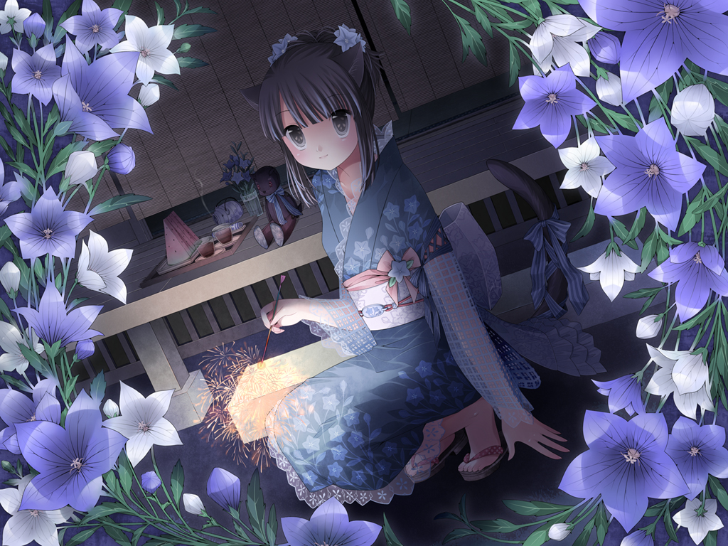 kuroinu, kanzaki miku, original, 1girl, animal ears, bellflower, black eyes, black hair, bow, cat ears, cat tail, eye reflection, female focus, fireworks, floral print, flower, food, fruit, hair flower, hair ornament, happy, incense, incense burner, japanese clothes, kayari buta, kimono, obi, reflection, ribbon, sandals, sash, senkou hanabi, short hair, smile, smoke, solo, sparkler, stuffed animal, stuffed toy, tail, tail bow, tail ornament, tail ribbon, teddy bear, watermelon
