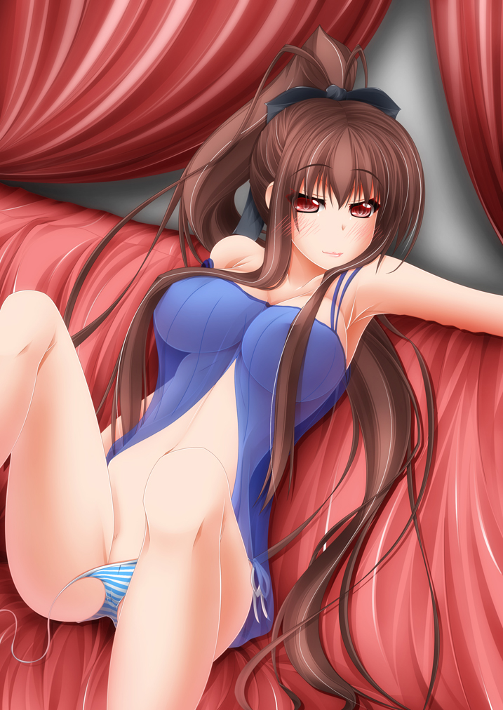 seri mura, serimura yuito, original, untied, bad id, bad pixiv id, 1girl, blush, breasts, brown hair, censored, convenient censoring, female focus, hair censor, hair over breasts, large breasts, panties, ponytail, see-through clothes, side-tie panties, sitting, solo, striped clothes, striped panties, underwear