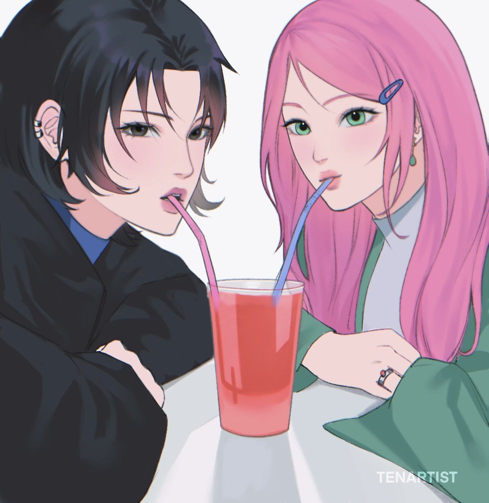 tenartistt, haruno sakura, uchiha sasuke, naruto (series), commentary, english commentary, 2girls, alternate costume, alternate hairstyle, arm rest, arms on table, artist name, black eyes, black hair, black jacket, blue shirt, chromatic aberration, couple, cup, dating, drinking, drinking straw, drinking straw in mouth, ear piercing, earrings, eyelashes, flipped hair, genderswap, genderswap (mtf), green eyes, green jacket, hair ornament, hair over shoulder, hairpin, implied yuri, invisible table, jacket, jewelry, juice, long hair, looking at viewer, multiple girls, open clothes, open jacket, open mouth, parted bangs, parted hair, piercing, pink hair, ring, shared drink, shirt, short hair, simple background, swept bangs, teardrop earrings, teeth, turtleneck, upper body, watermark, white background, white shirt
