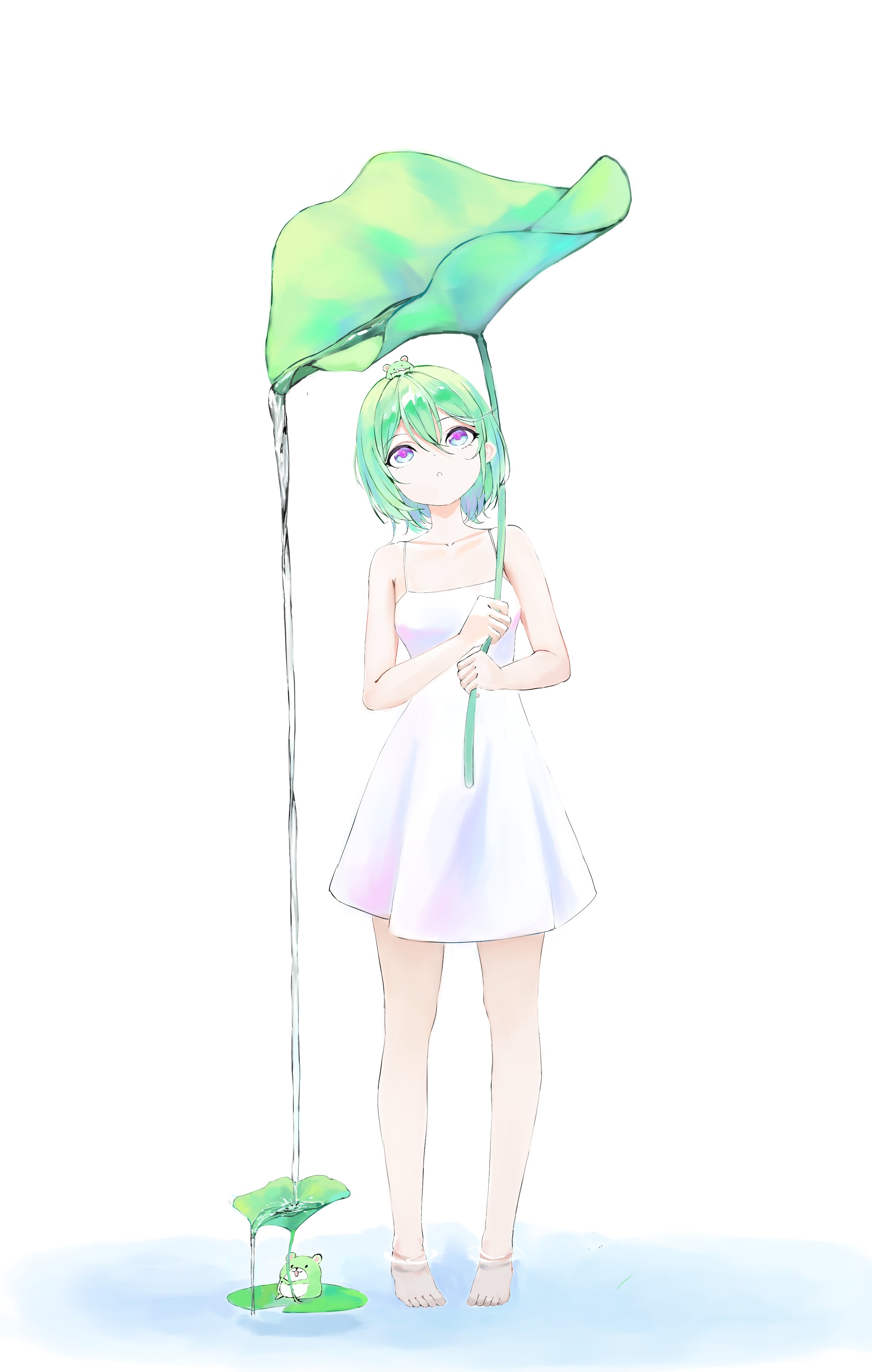 nonekong, yuzuha riko, stellive, absurdres, commentary request, highres, korean commentary, 1girl, :o, bare arms, bare legs, double-parted bangs, dress, full body, green hair, hair between eyes, holding, holding leaf, leaf, lily pad, long bangs, looking up, lotus leaf, parted lips, pigeon-toed, pouring, purple eyes, short hair, simple background, sleeveless, sleeveless dress, solo, standing, virtual youtuber, wading, water, white background, white dress