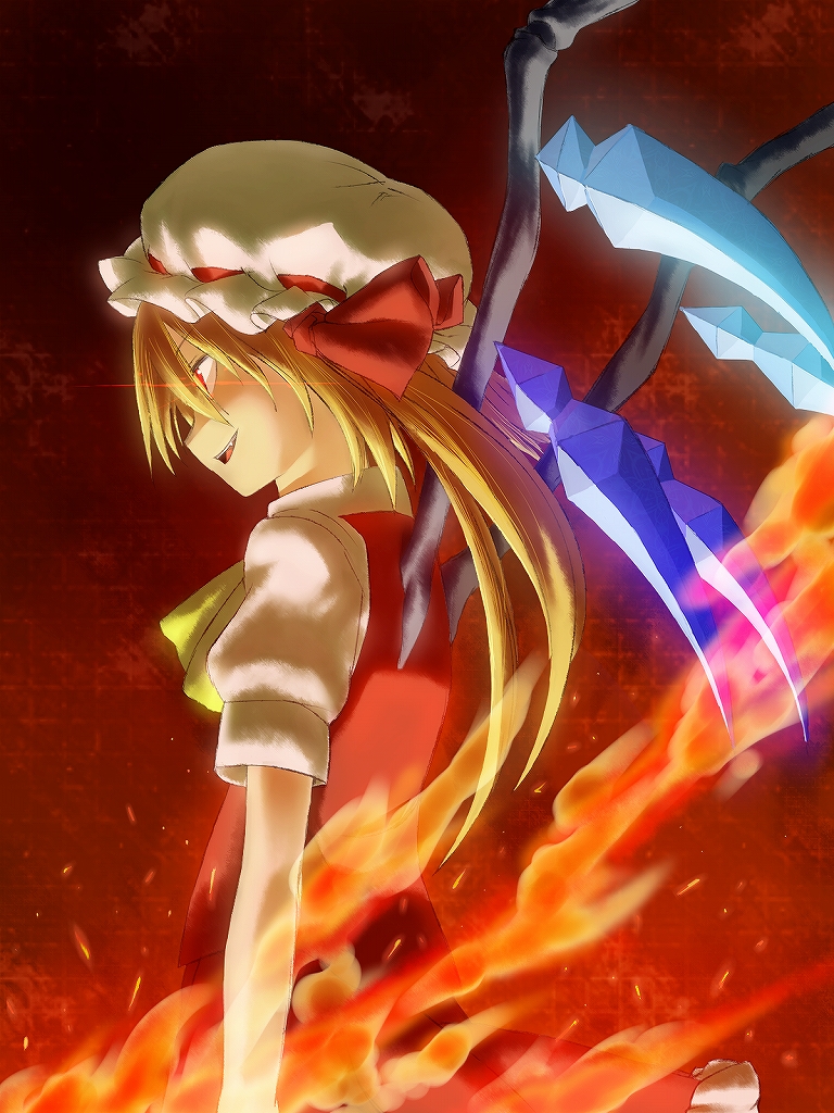 akimegu m, gohitsuki, flandre scarlet, touhou, 1girl, blonde hair, female focus, fire, glowing, glowing eyes, hat, ponytail, red eyes, short hair, side ponytail, smirk, solo, wings