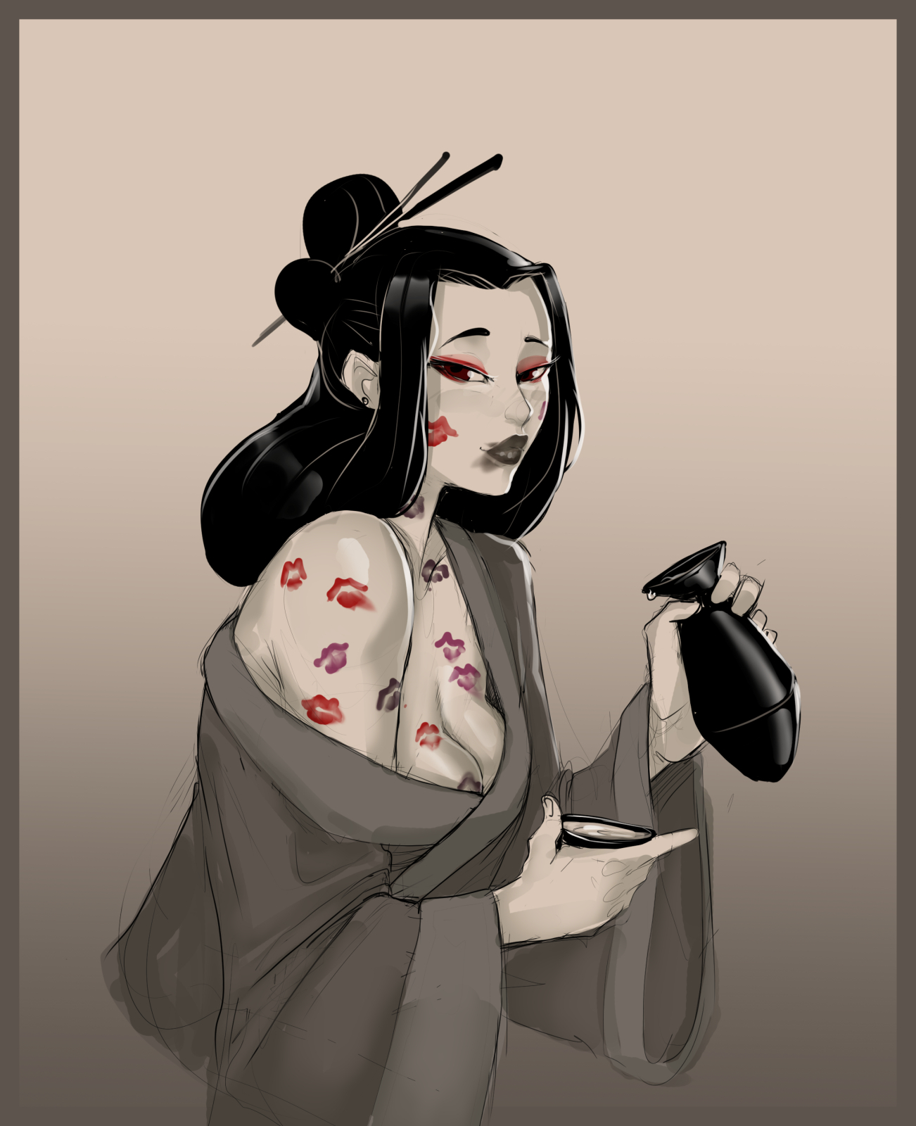 darkminou, original, commentary, highres, symbol-only commentary, 1girl, bottle, cup, eyeshadow, hair ornament, hair stick, implied yuri, lipstick, lipstick mark, lipstick mark on arm, lipstick mark on breast, lipstick mark on chest, lipstick mark on face, lipstick mark on neck, lipstick mark on shoulder, looking at viewer, makeup, nipple slip, nipples, no bra, off shoulder, sakazuki, sake bottle, smeared lipstick, smile, solo, spot color, upper body, wide sleeves