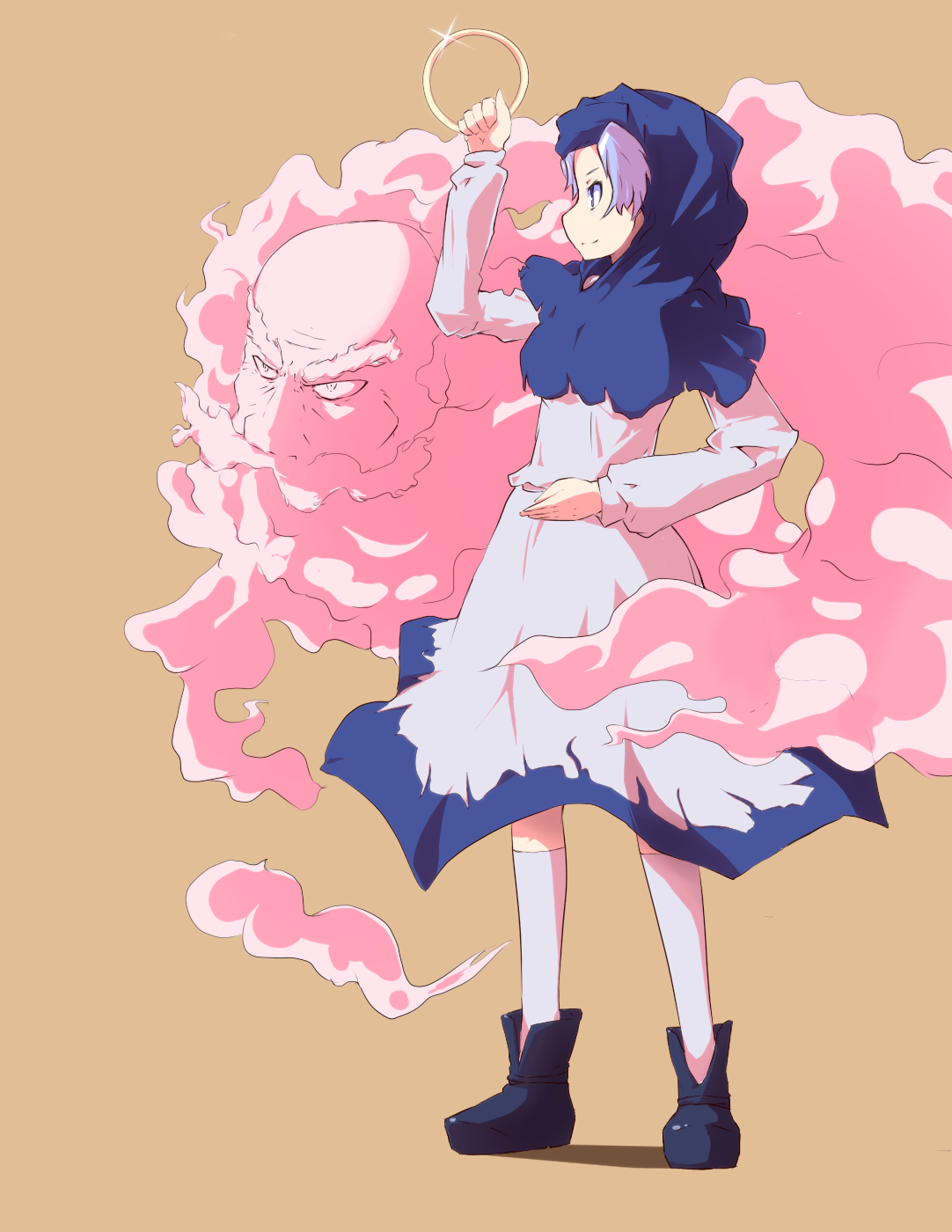 aho, kumoi ichirin, unzan, touhou, light purple hair, highres, 1boy, 1girl, bracelet, cloud, hood, jewelry, ring, short hair