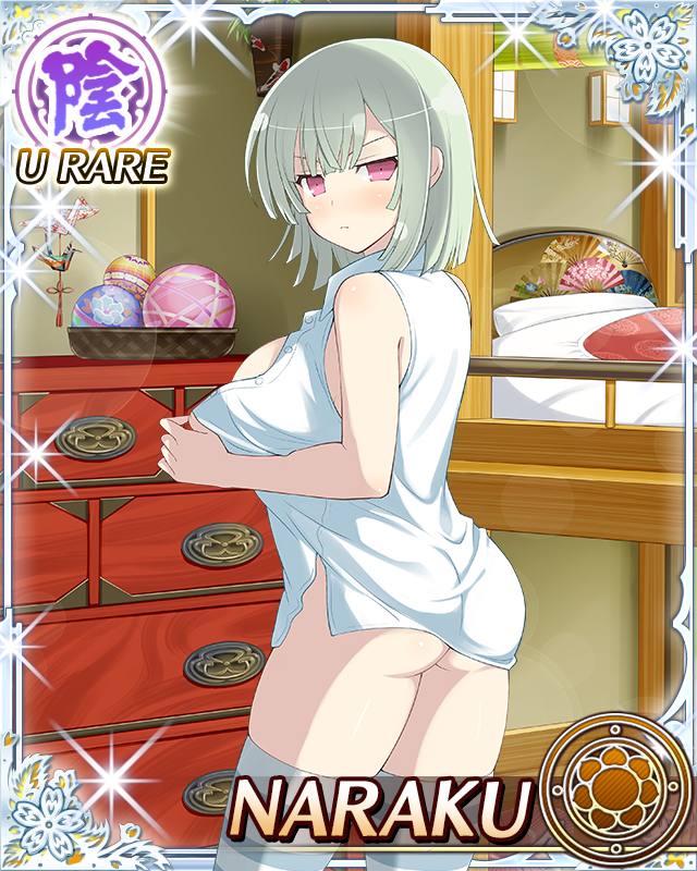 naraku (senran kagura), senran kagura, senran kagura new wave, game cg, official art, third-party source, 1girl, ass peek, bedroom, blush, bob cut, border, breasts, butt crack, character name, chest of drawers, closed mouth, from behind, green hair, large breasts, light frown, looking at viewer, looking back, medium hair, open clothes, open shirt, pink eyes, shirt, skindentation, solo, striped clothes, striped thighhighs, thighhighs, undressing, white shirt