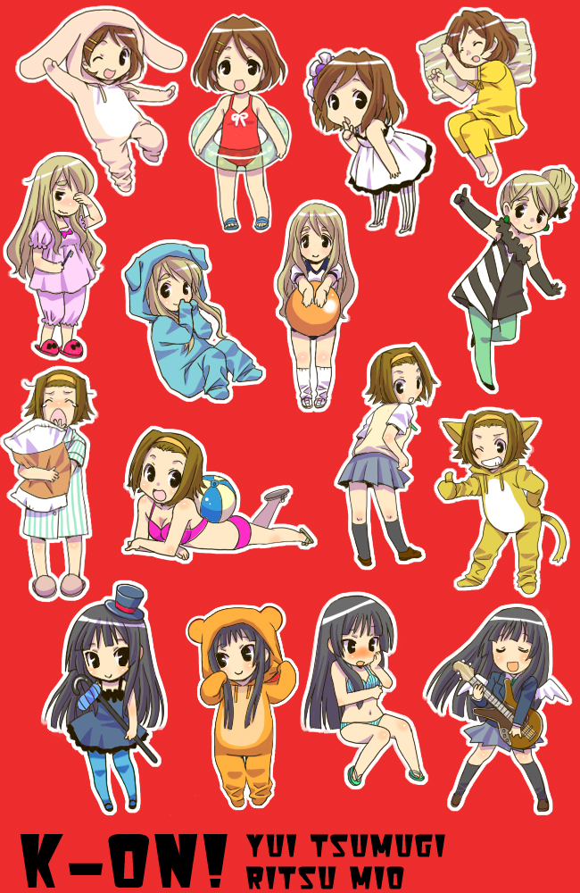 rak, akiyama mio, hirasawa yui, kotobuki tsumugi, tainaka ritsu, don't say "lazy", k-on!, striped legwear, vertical-striped legwear, bad id, bad pixiv id, 00s, 4girls, animal costume, ball, beachball, bear costume, bikini, black hair, blonde hair, blue pantyhose, brown hair, cane, cat costume, chibi, dog costume, dress, flip-flops, green pantyhose, gym uniform, hat, ho-kago tea time, innertube, long hair, multiple girls, outstretched arms, pantyhose, pillow, rabbit costume, sandals, school uniform, short hair, sleepwear, striped clothes, striped pantyhose, swim ring, swimsuit, thumbs up, top hat, vertical-striped clothes, vertical-striped pantyhose, wings