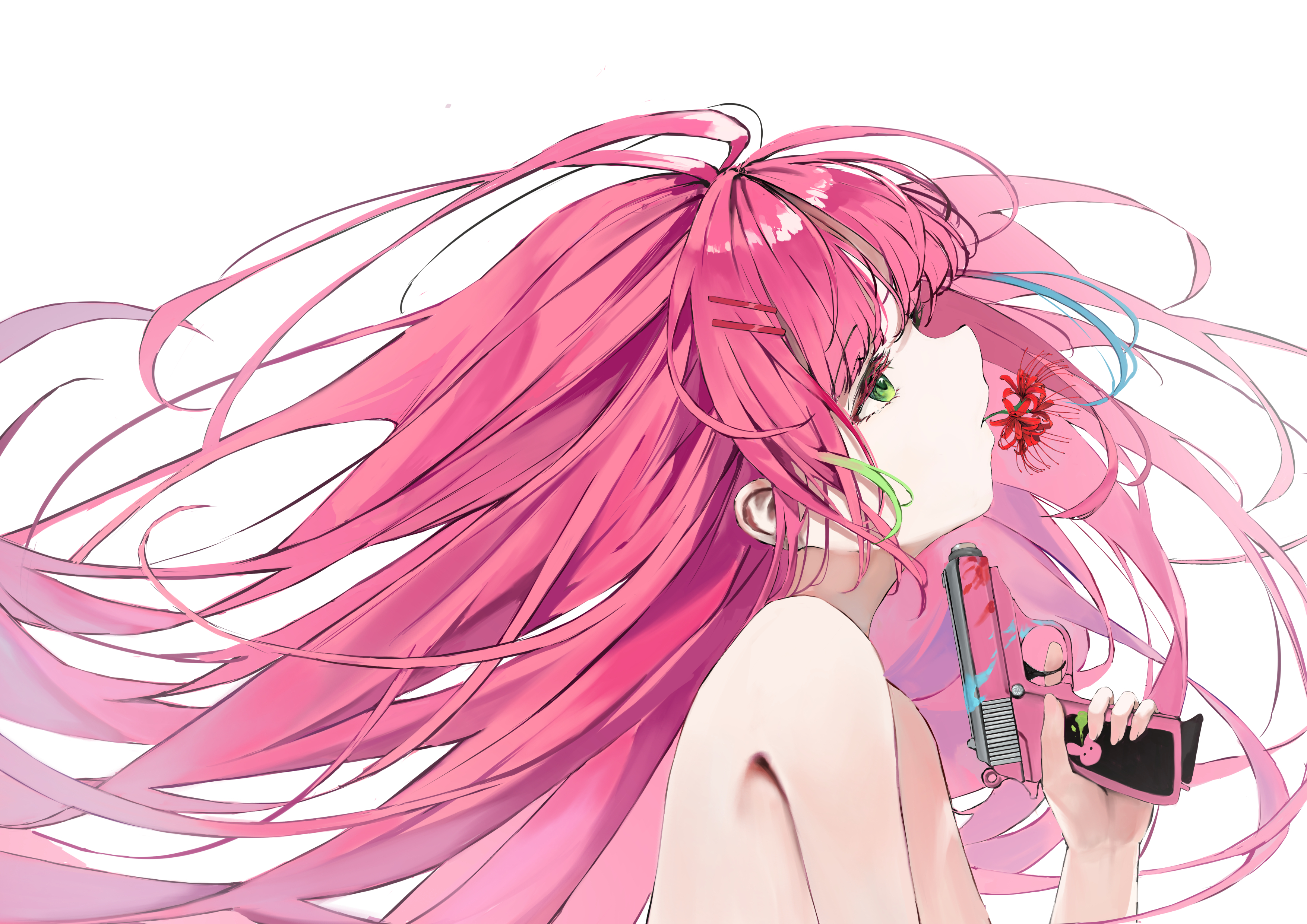 nonekong, hanako nana, stellive, absurdres, commentary request, highres, korean commentary, 1girl, eyelashes, floating hair, flower, flower in mouth, from side, green eyes, gun, hair ornament, hairclip, hand up, handgun, holding, holding gun, holding weapon, left-handed, long hair, multicolored hair, nude, paint splatter, parallel hairclips, pink hair, profile, red flower, simple background, solo, spider lily, streaked hair, upper body, virtual youtuber, weapon, white background