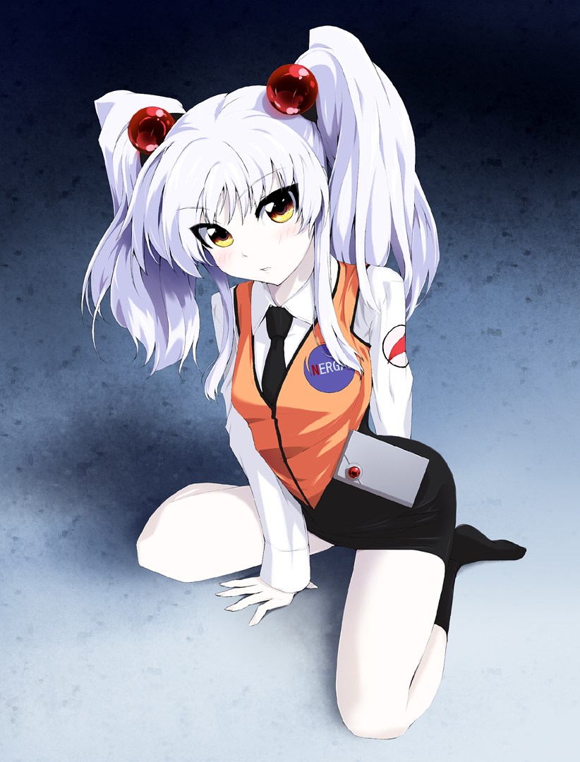 grune, hoshino ruri, kidou senkan nadesico, uniform, blue hair, hair ornament, socks, solo, sphere hair ornament, twintails, yellow eyes