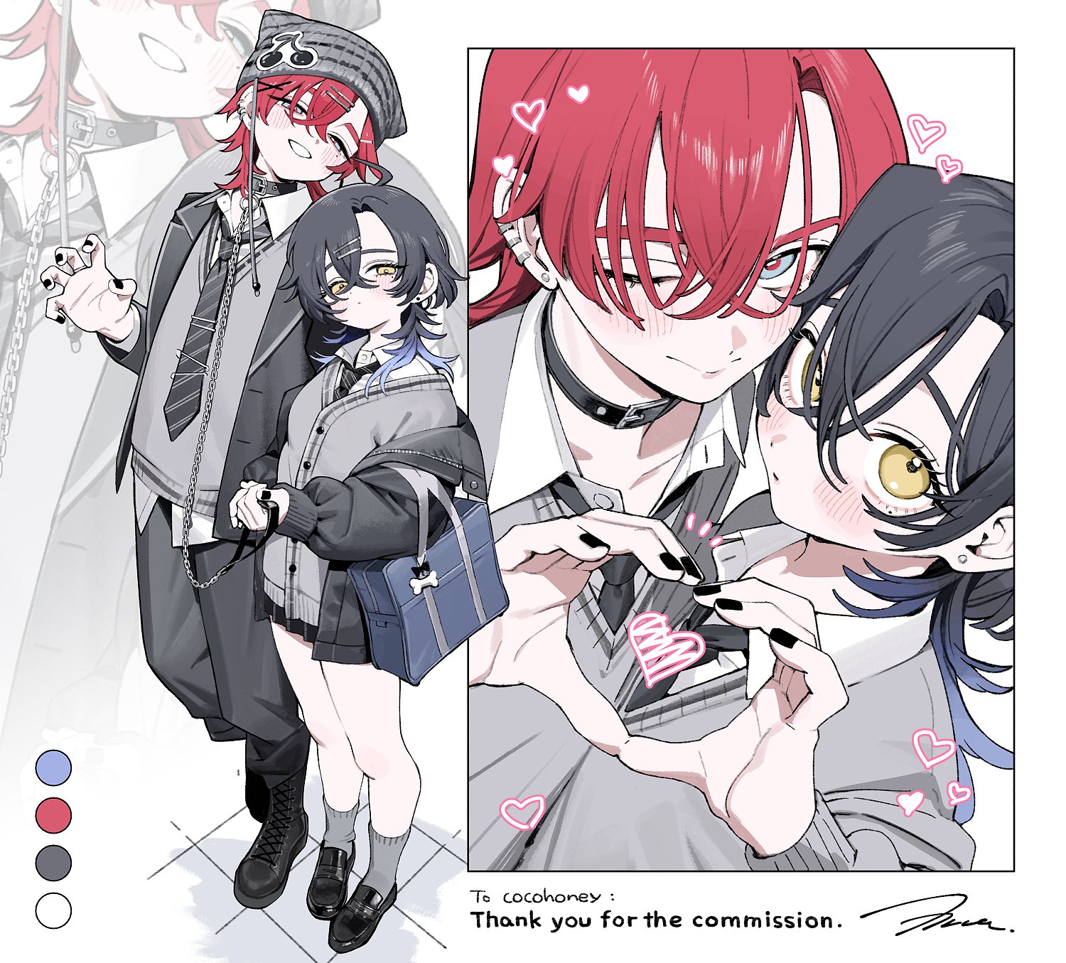 wolrero, original, commentary request, commission, highres, skeb commission, 1boy, 1girl, bag, beanie, black hair, black nails, blue eyes, blue hair, collar, full body, hat, heart, heart hands, heart hands duo, jacket, multicolored eyes, multicolored hair, red hair, red pupils, school bag, school uniform, yellow eyes