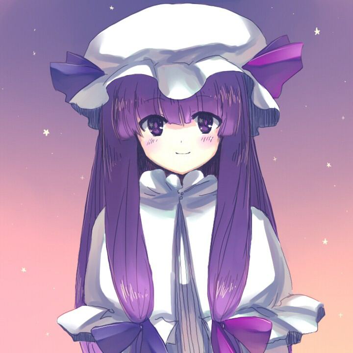 onimaru gonpei, patchouli knowledge, touhou, + +, 1girl, blush, capelet, female focus, hat, long hair, purple eyes, purple hair, reflection, smile, solo, star (symbol), upper body