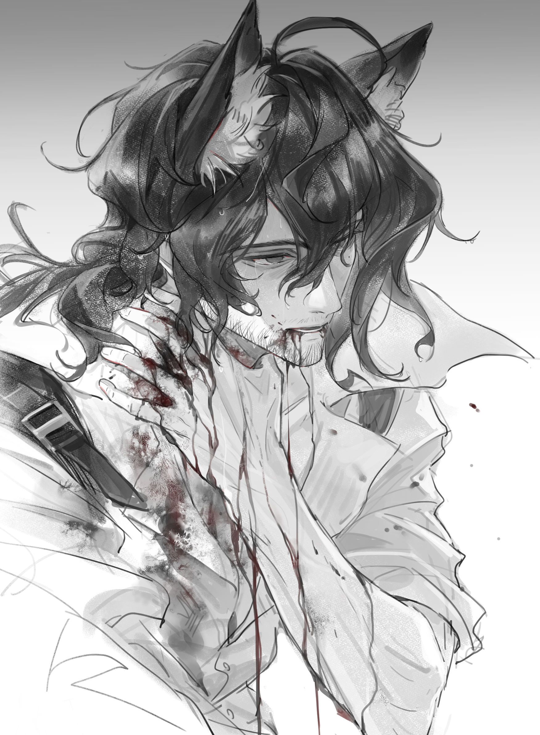 lishijiu, arknights, chinese commentary, commentary request, highres, 1boy, animal ears, beard stubble, bleeding, blood, blood from mouth, blood on clothes, blood on hands, collarbone, facial hair, fox boy, fox ears, gradient background, grey background, greyscale, hair between eyes, hand on own neck, injury, long hair, looking ahead, male focus, mature male, mole, mole on chest, mole under eye, monochrome, nowell (arknights), open collar, parted lips, scar, scar on arm, simple background, sleeve garter, sleeves rolled up, solo, sparse stubble, spot color, stubble, sweat, toned, toned male, upper body, wavy hair, white background, wing collar