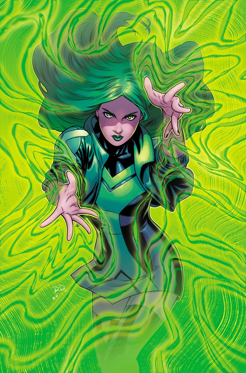 matt wilson, russell dauterman, polaris (x-men), marvel, x-men, artist collaboration, commentary, english commentary, highres, official art, 1girl, black dress, black nails, black thighhighs, cowboy shot, cropped jacket, dress, floating hair, green dress, green eyes, green hair, green lips, green theme, long hair, looking at viewer, lorna dane, reaching, reaching towards viewer, signature, solo, thighhighs, two-tone dress, zettai ryouiki