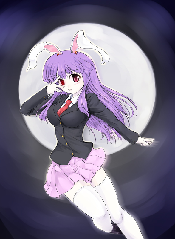 nekohane ryou, reisen udongein inaba, touhou, 1girl, animal ears, blazer, female focus, jacket, long hair, necktie, purple hair, rabbit ears, red eyes, red necktie, skirt, solo, thighhighs