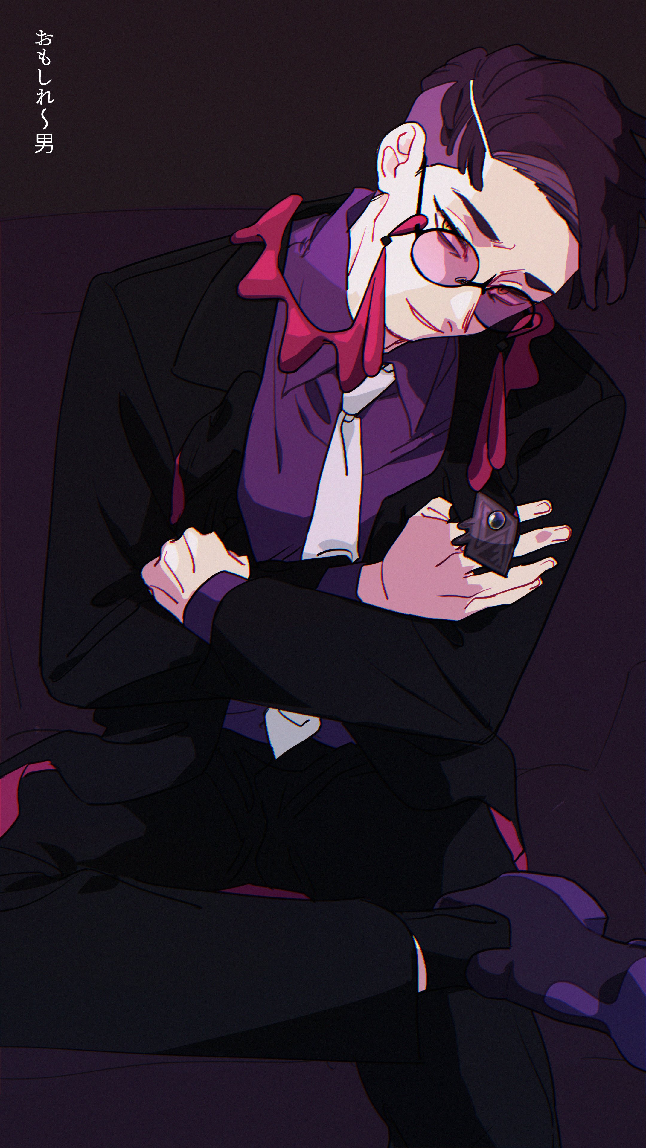 samio (themioooooo), corbeau (pokemon), nintendo, pokemon, pokemon legends: z-a, absurdres, commentary request, highres, translation request, 1boy, black coat, black pants, black socks, closed mouth, coat, collared shirt, glasses, layered sleeves, long sleeves, looking at viewer, male focus, necktie, pants, purple-tinted eyewear, purple background, purple hair, purple shirt, purple shoes, round eyewear, shirt, shirt tucked in, shoes, short hair, simple background, sitting, smile, socks, solo, tassel, tinted eyewear, white necktie