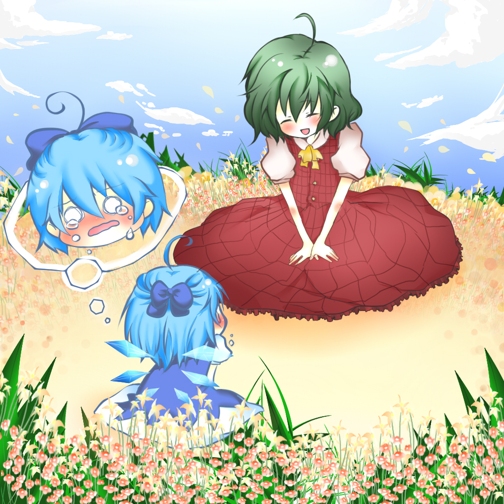 cocoa (artist), shii (cocoa), cirno, kazami yuuka, touhou, 2girls, ahoge, ascot, closed eyes, field, flower, flower field, green hair, multiple girls, nature, o o, plaid clothes, plaid skirt, plaid vest, short hair, skirt, skirt set, smile, tears, vest