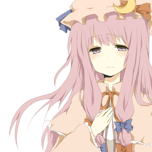 mono (recall), patchouli knowledge, touhou, bad id, bad pixiv id, 1girl, female focus, hat, purple eyes, purple hair, ribbon, simple background, solo, upper body, white background