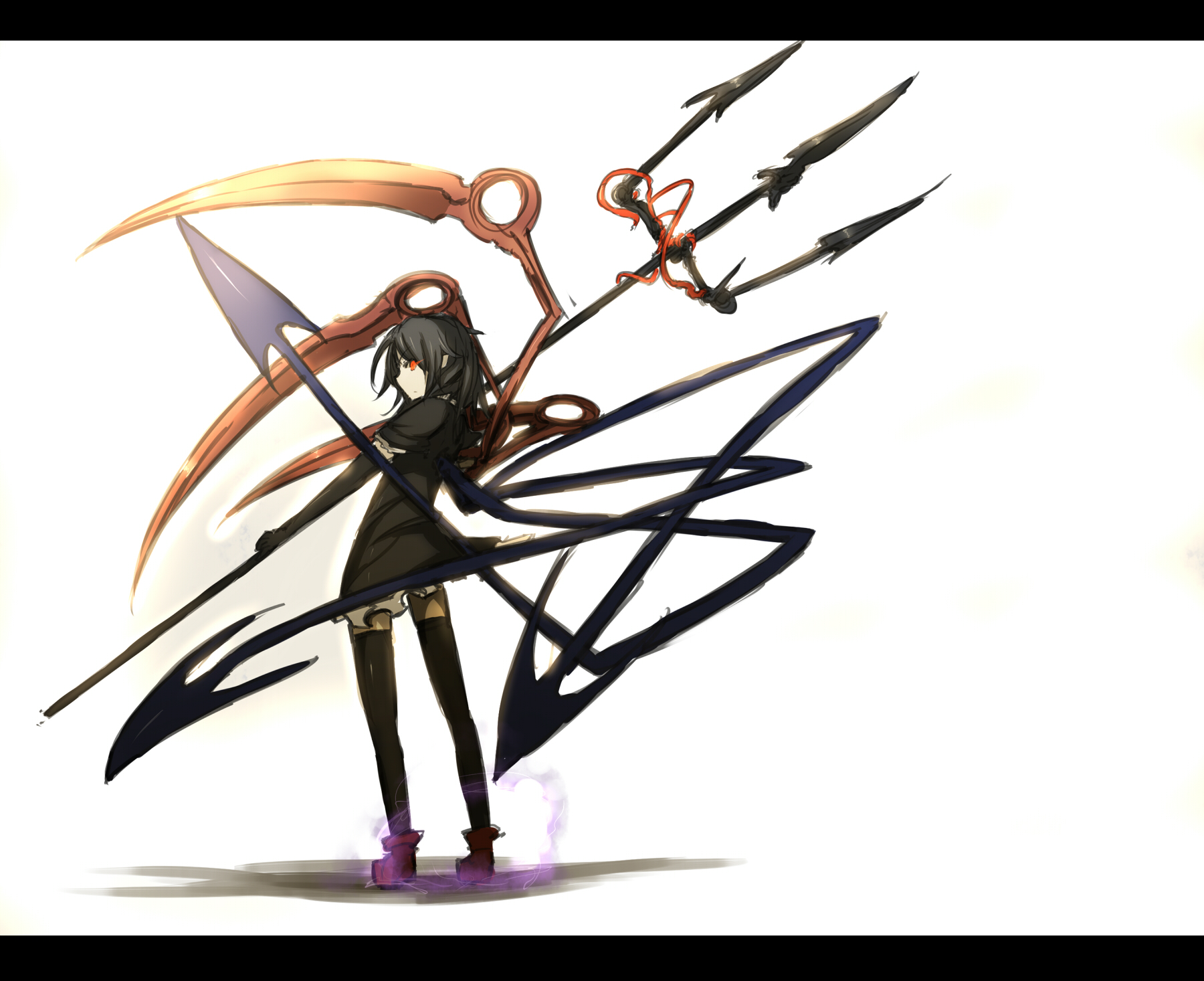 ganesagi, houjuu nue, touhou, bad id, bad pixiv id, highres, 1girl, black hair, dress, female focus, gloves, legs, letterboxed, polearm, red eyes, scythe, short hair, solo, spear, thighhighs, trident, weapon, zettai ryouiki