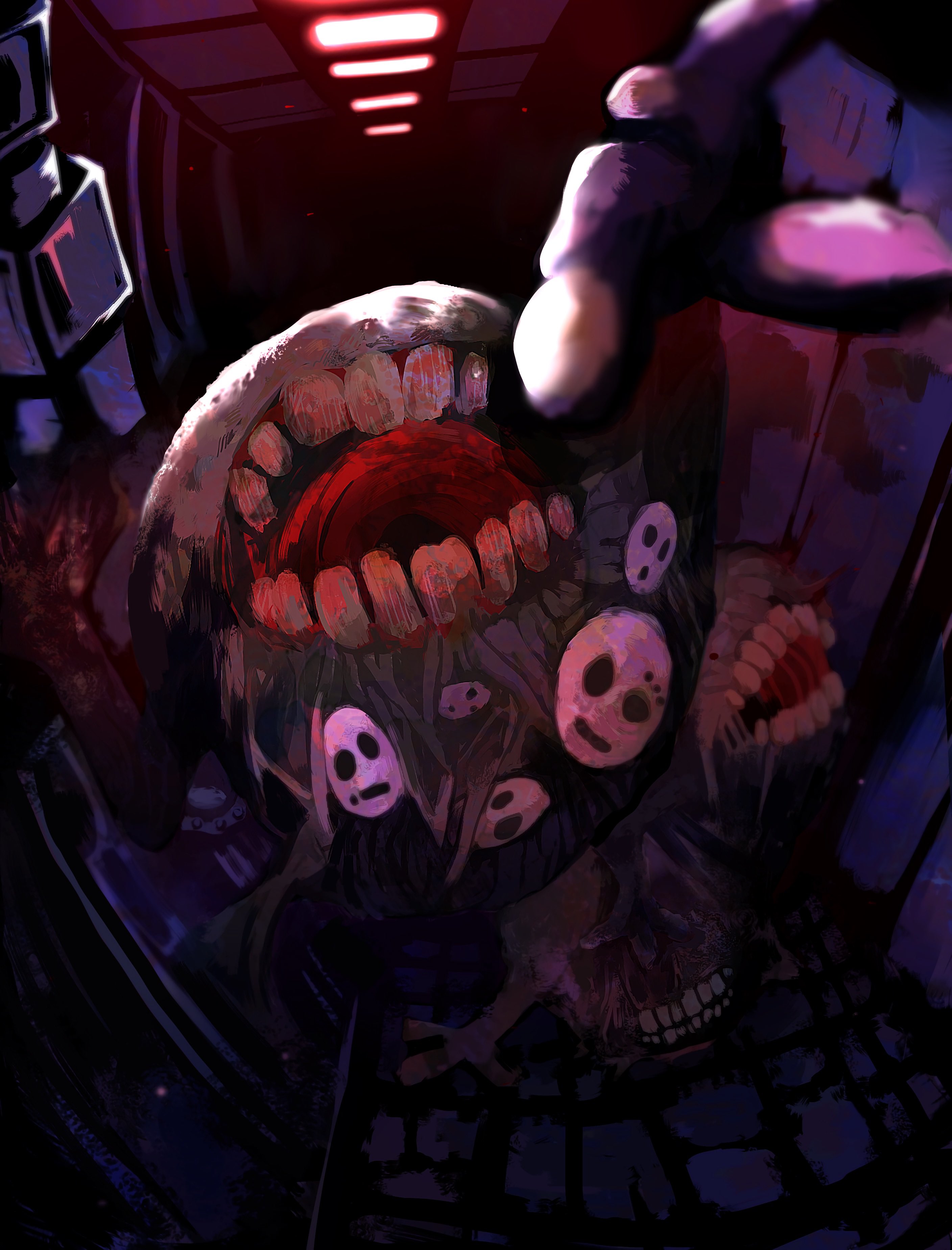 inumata0823, mountain of smiling bodies, lobotomy corporation, project moon, absurdres, highres, blood, blood on teeth, extra mouth, extra teeth, fisheye, horror (theme), indoors, monster, multiple faces, no humans, open mouth, teeth