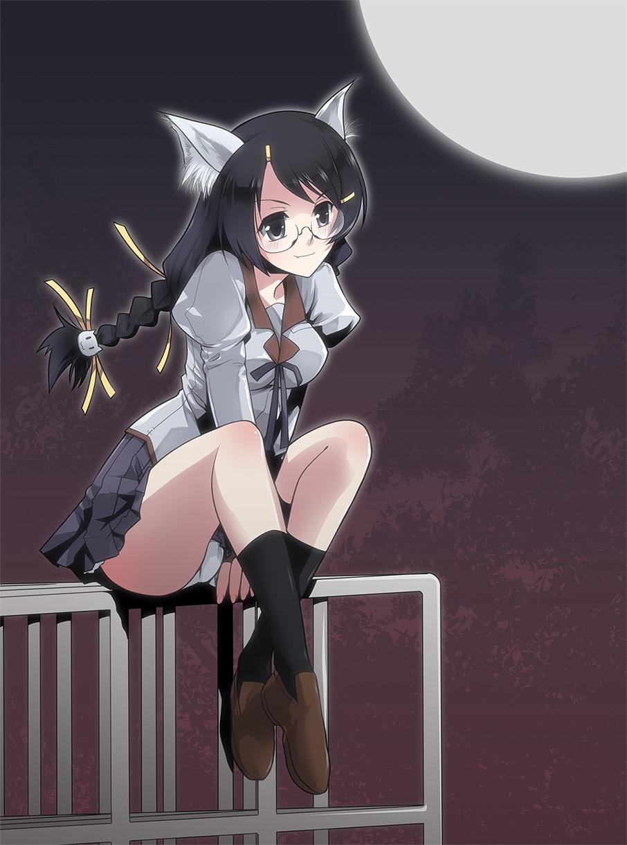 mk (mod0), hanekawa tsubasa, bakemonogatari, monogatari (series), nekomonogatari, highres, 00s, 10s, 1girl, animal ears, black hair, black socks, braid, cat ears, female focus, glasses, legs, panties, socks, solo, underwear, upskirt