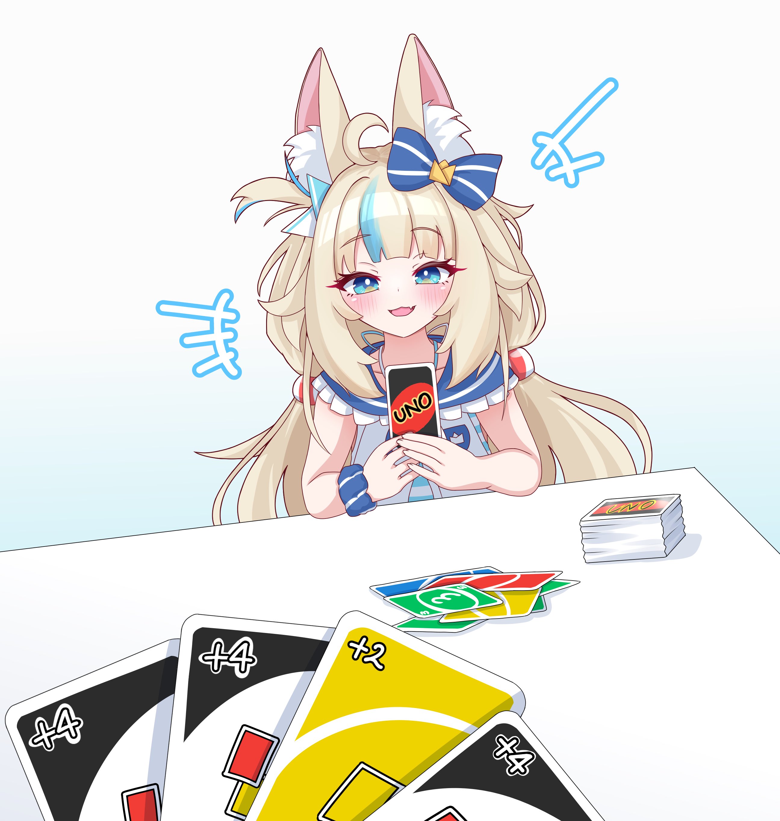 rei (2812q), sameko saba, sameko saba (1st costume), indie virtual youtuber, uno (game), absurdres, commentary, highres, 1girl, ahoge, animal ear fluff, animal ears, blonde hair, blue bow, blue eyes, blue sailor collar, blue streaks, blunt bangs, blush, bow, card, cat ears, collar, deck of cards, dress, fish girl, frilled collar, frills, hair bow, holding, holding card, imminent uno loss (meme), lifebuoy hair ornament, long hair, looking at viewer, meme, multicolored hair, one side up, open mouth, paper boat, sailor collar, sailor dress, simple background, sleeveless, sleeveless dress, solo, streaked hair, table, upper body, very long hair, white background, white dress, white streaks