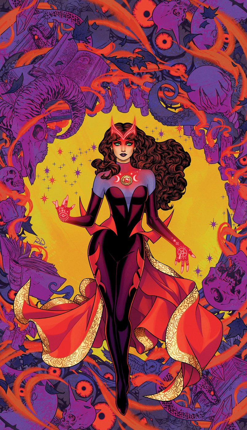 russell dauterman, scarlet witch, wanda maximoff, avengers (series), marvel, commentary, english commentary, highres, official art, 1girl, bird, bodysuit, book, curly hair, dress, earrings, elbow gloves, fingerless gloves, floating hair, full body, gloves, glowing, glowing tattoo, gold earrings, green eyes, hand tattoo, jewelry, long hair, looking at viewer, magic, multicolored bodysuit, official alternate costume, owl, pentagram, purple bodysuit, purple lips, red bodysuit, red gloves, skull, snake, solo, superhero costume, tattoo, witch, yellow background