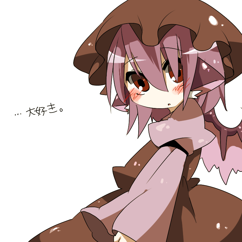 piyyoota, mystia lorelei, touhou, bad id, bad pixiv id, translated, 1girl, blush, female focus, hat, pink hair, red eyes, short hair, simple background, solo, white background, wings