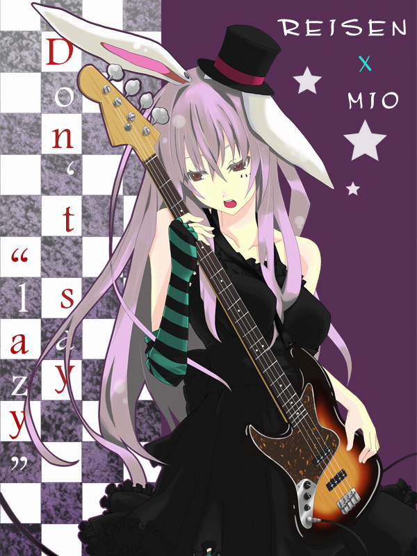hareruya-xii, hareuya, iizuka izu, akiyama mio, reisen udongein inaba, don't say "lazy", k-on!, touhou, light purple hair, striped, 1girl, akiyama mio (cosplay), animal ears, character name, cosplay, dress, female focus, guitar, hat, instrument, long hair, mini hat, mini top hat, parody, rabbit ears, red eyes, solo, top hat