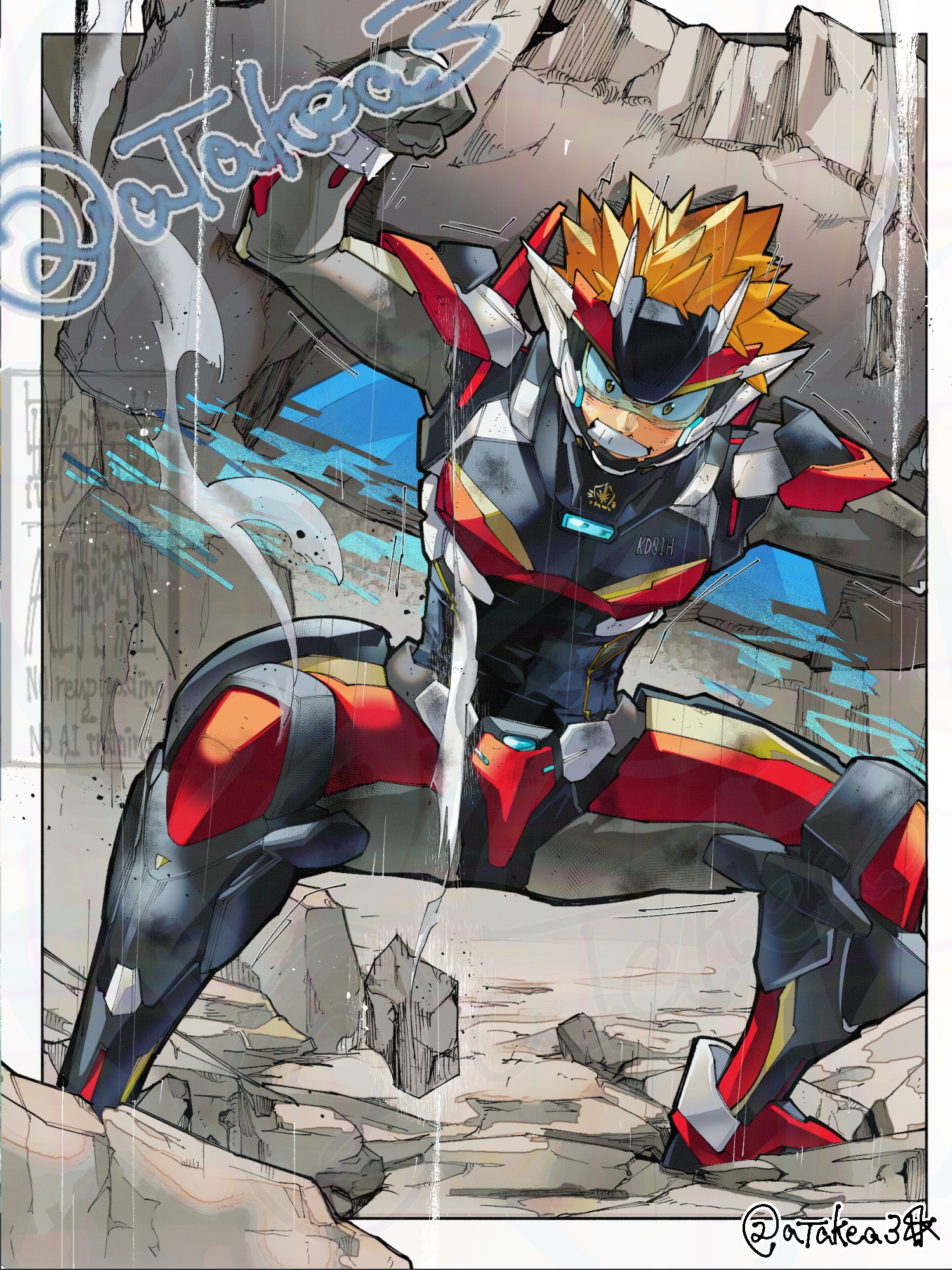 takeuchi (a3), original, commentary request, commission, highres, skeb commission, 1boy, armor, black armor, blonde hair, clenched hands, full body, headgear, male focus, solo, spiked hair, twitter username