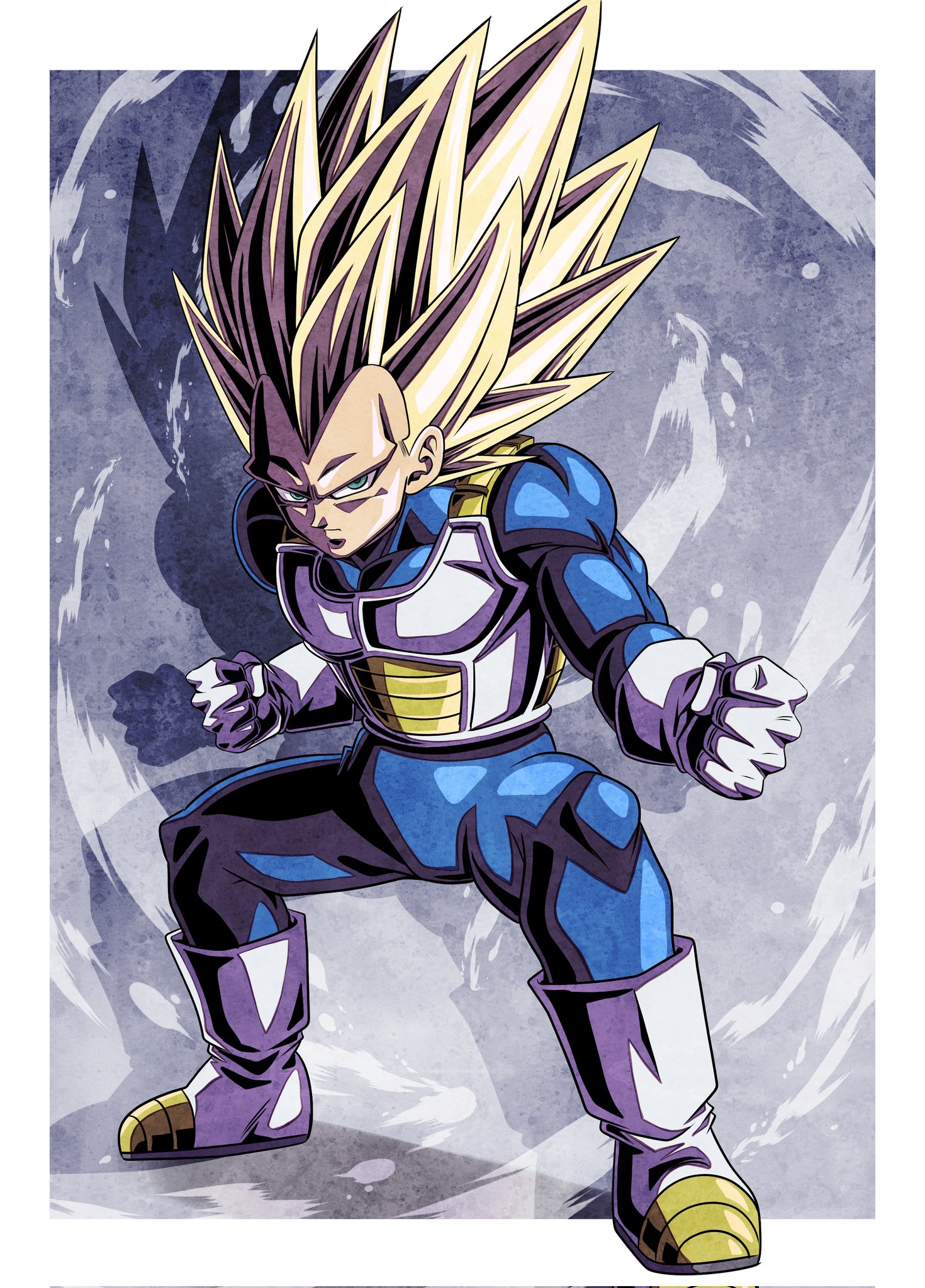 ushi (akabec0), vegeta, dragon ball, dragon ball daima, commentary request, highres, 1boy, armor, big hair, blonde hair, blue bodysuit, bodysuit, boots, border, full body, gloves, green eyes, long hair, male focus, no eyebrows, saiyan armor, solo, spiked hair, super saiyan, super saiyan 3, white armor, white boots, white border, white gloves