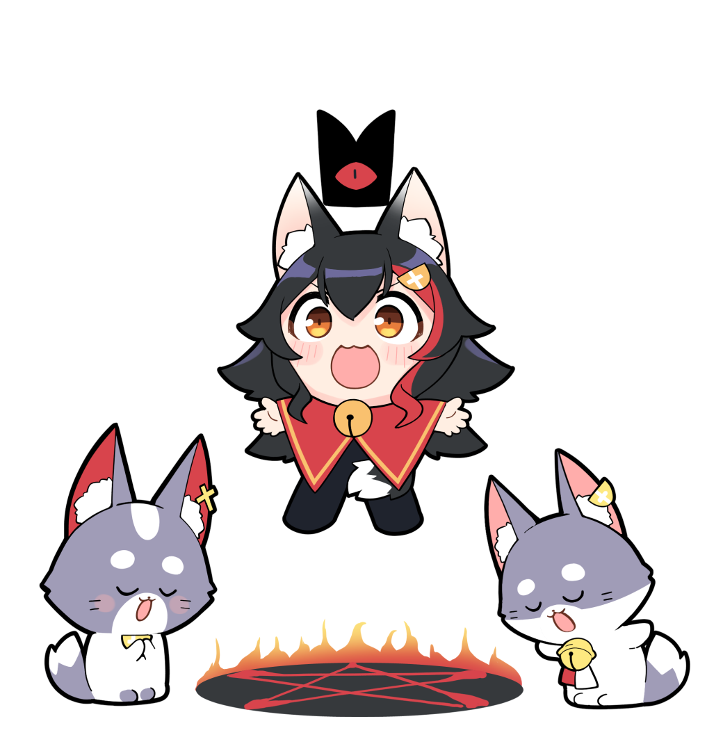 jb jagbung, miofa (ookami mio), ookami mio, red crown (cult of the lamb), the lamb (cult of the lamb), cult of the lamb, hololive, commentary, 1girl, :3, animal ear fluff, animal ears, bell, black hair, chibi, chibi only, cosplay, cross hair ornament, fire, floating, gradient eyes, hair ornament, levitation, light blush, multicolored eyes, multicolored hair, multiple others, open mouth, orange eyes, parody, pentagram, praying, red hair, simple background, tail, the lamb (cult of the lamb) (cosplay), virtual youtuber, wolf ears, wolf girl, wolf tail